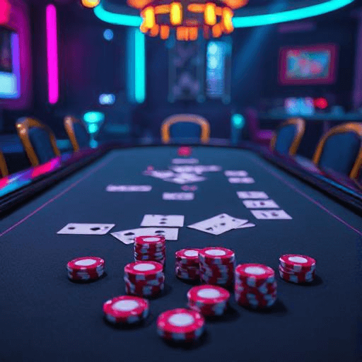Cyberpunk poker table with cards and chips.